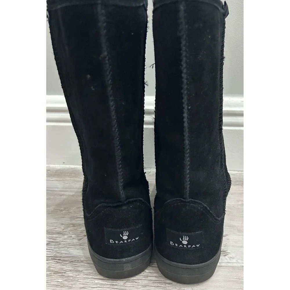 Bearpaw Emma Tall Black Suede Sheepskin Fur Lined Winter Boots Womens 7‎